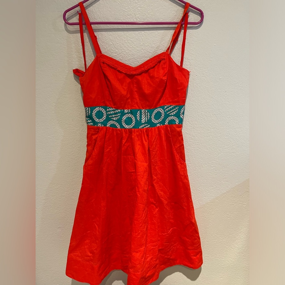 Red Spaghetti Strap Dress with Patterned Waistband